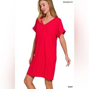 NWT ZENANA BRUSHED DTY ROLLED SHORT SLEEVE V-NECK DRESS